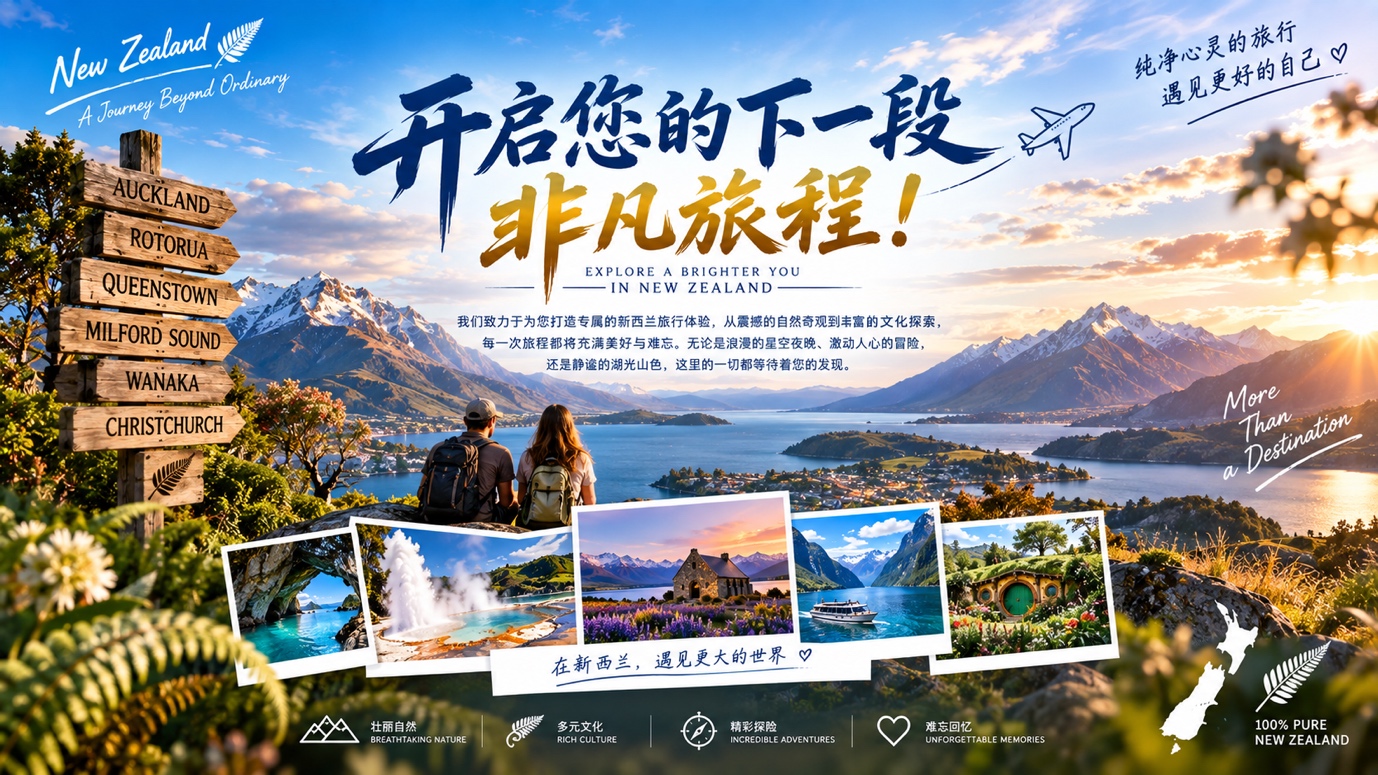 开启您的下一段非凡旅程!探索新西兰自然风光与文化,环飞国际为您打造专属旅程。